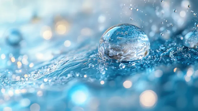 A translucent bubble rises through blue water as small droplets sparkle around it.