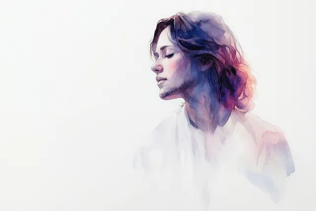 Watercolor Jesus Christ portrait with pastel haze, soft light, and minimal white copy space