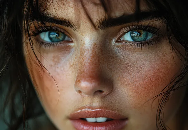 Close-Up Portrait of Young Woman with Freckled Skin and Blue Eyes