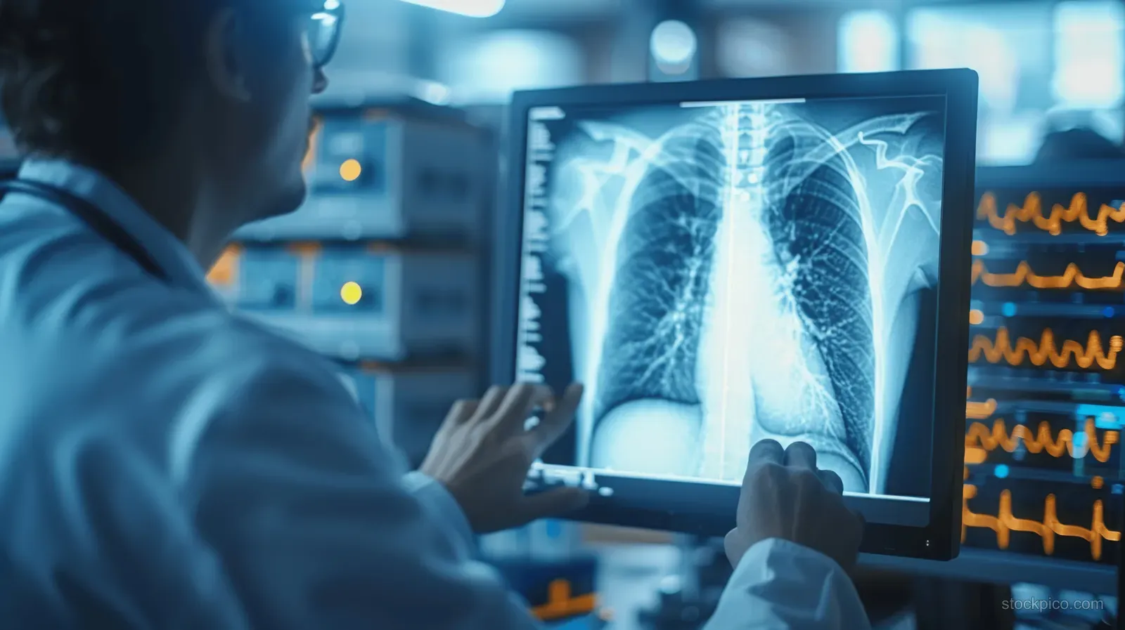 Doctor reviewing a chest X-ray on a computer monitor in a hospital office while analyzing lung structures.