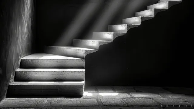 A dark interior staircase rises while window light casts long shadows across gray stone steps.