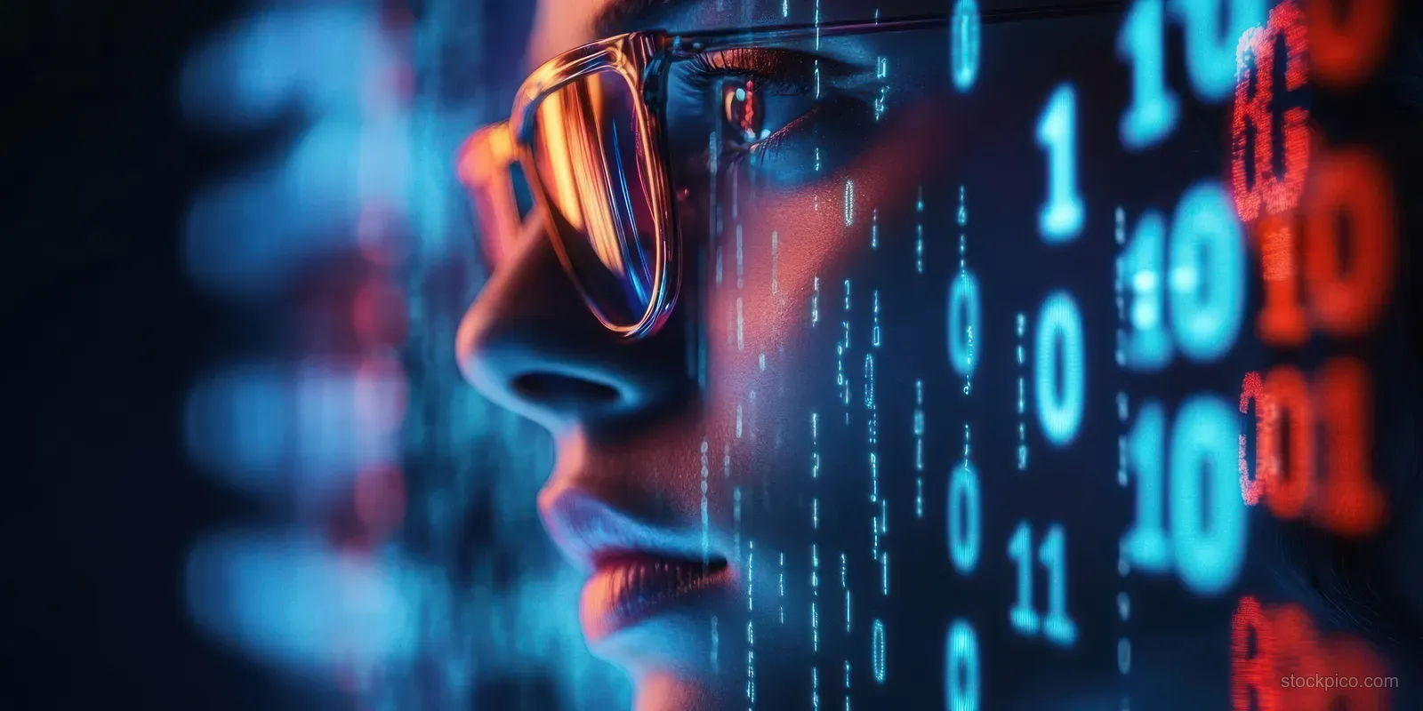 Scientist wearing cyberpunk glasses studies a holographic grid of glowing binary and numeric data under neon light.