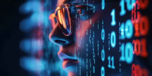 Scientist wearing cyberpunk glasses studies a holographic grid of glowing binary and numeric data under neon light.