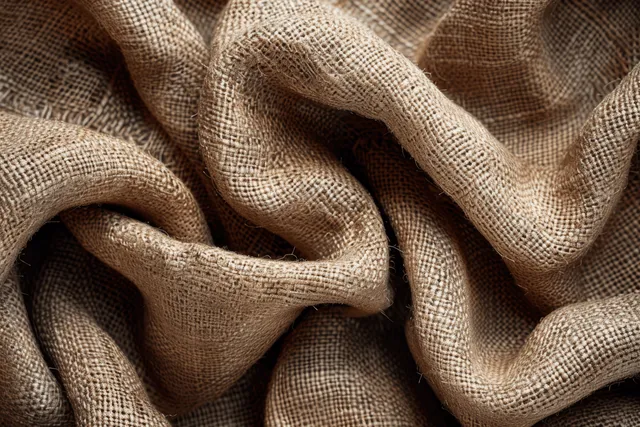 Beige burlap jute sackcloth fabric fills the frame with wrinkled folds and visible woven fibers.