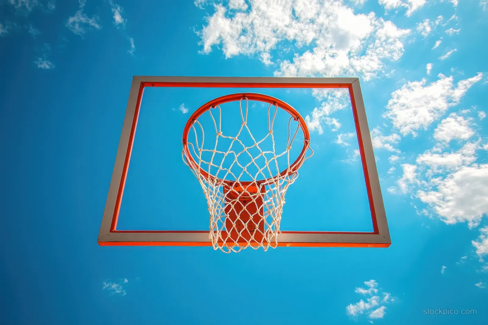 Basketball hoop and net are shown from below against a bright blue sky with scattered white clouds.