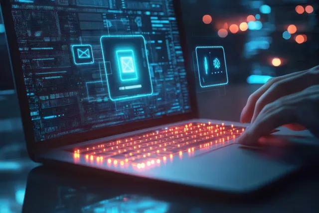 A hand taps a laptop screen showing neon UI panels and analytics graphics for digital marketing planning.