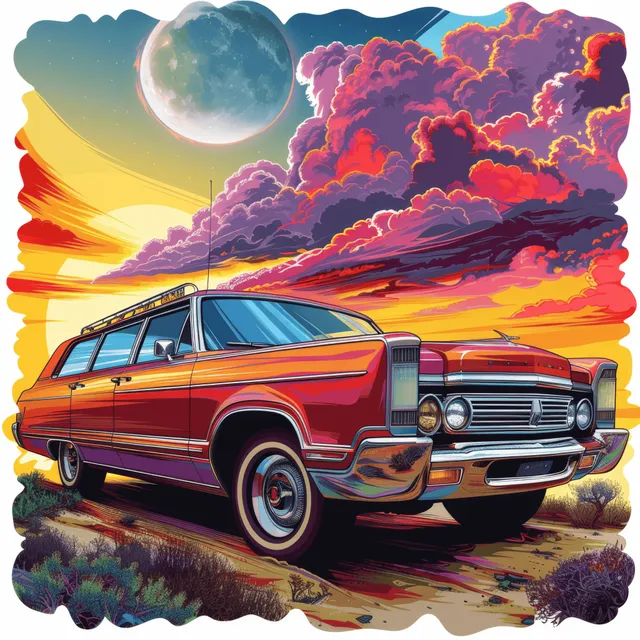 Psychedelic old station wagon driving through vibrant cosmic clouds with neon skies