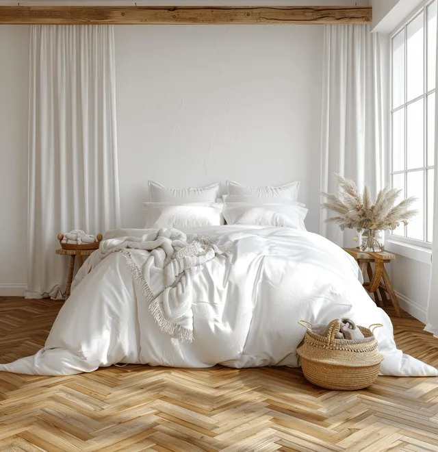 Boho white bedroom with a made bed, rattan accents, and wooden parquet floor lit by soft daylight from large windows.