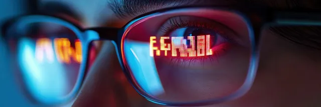Close-up of a person’s eye behind glasses with red and blue digital code reflections.
