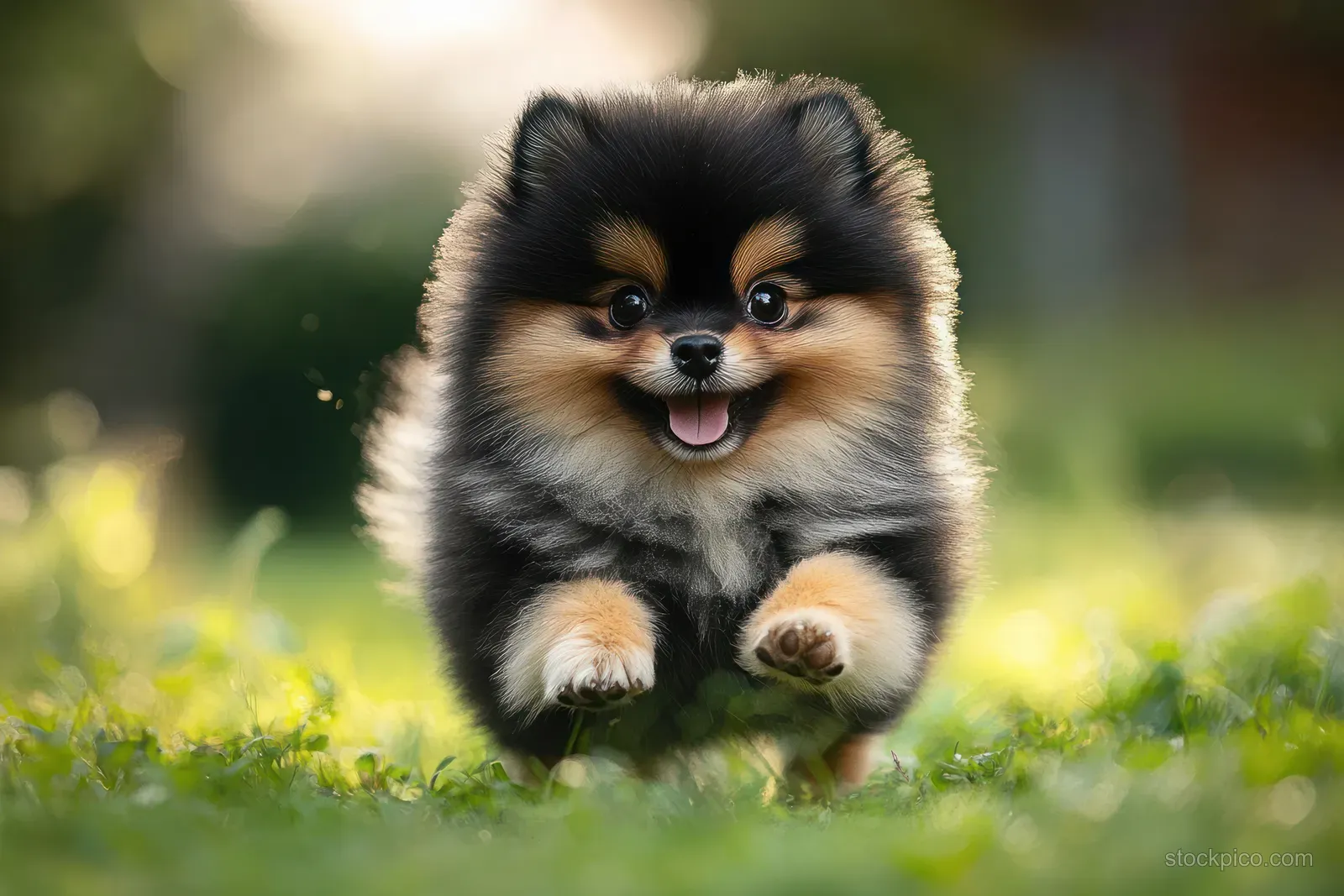 Small fluffy black-and-tan puppy running through green grass with a softly blurred garden background.