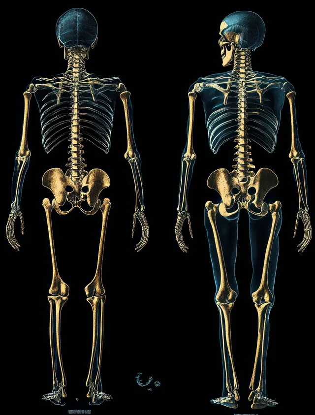 Full-body female skeleton X-ray style illustration with front and side view on black background