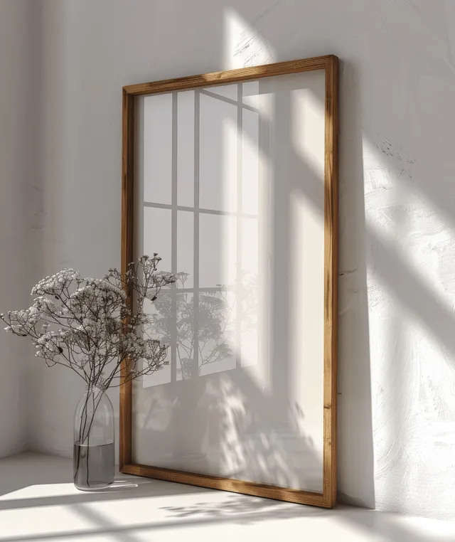 Thin wooden A3 frame mockup on minimalist wall, window light casting crisp shadows
