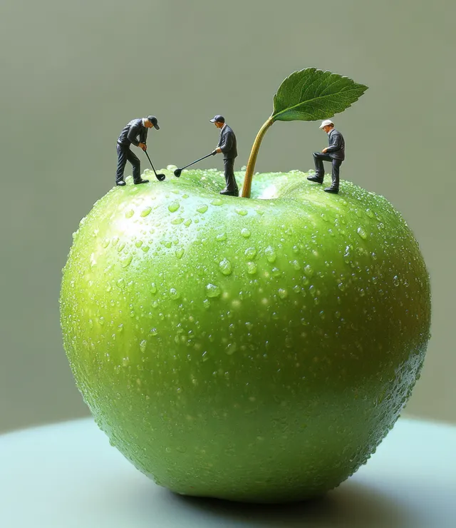 Miniature golfers tee off on a giant green apple under soft dreamlike lighting