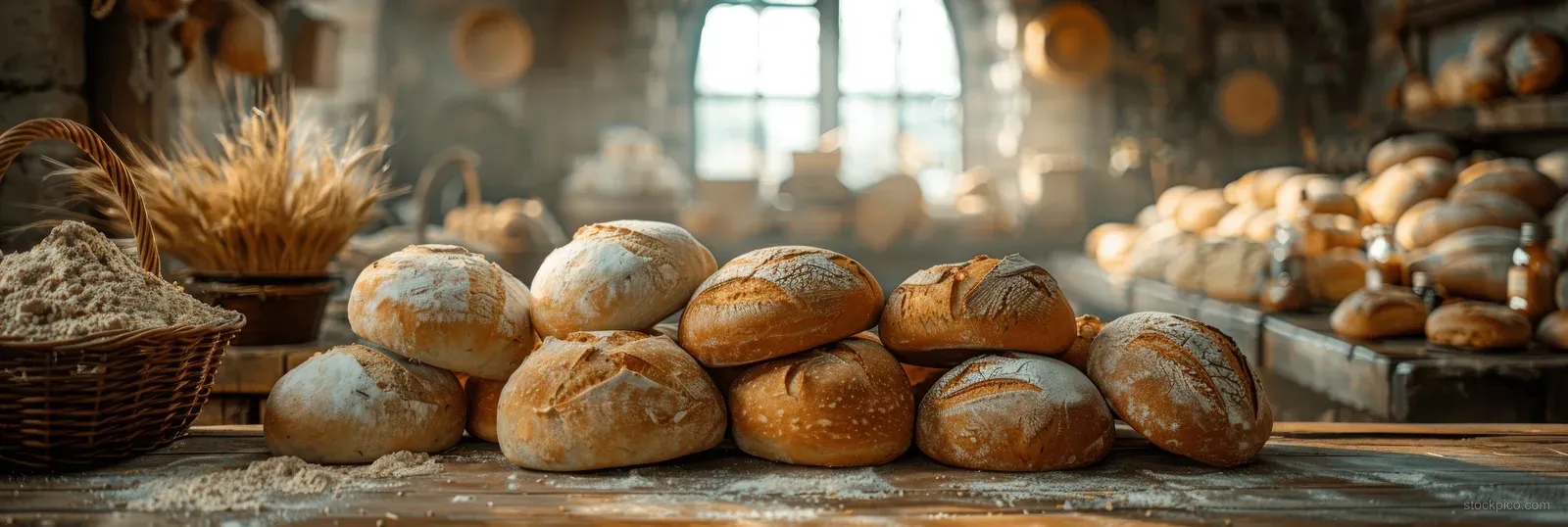 Warmly lit rustic bread loaves on an antique wooden table with straw baskets in a softly blurred bakery background.