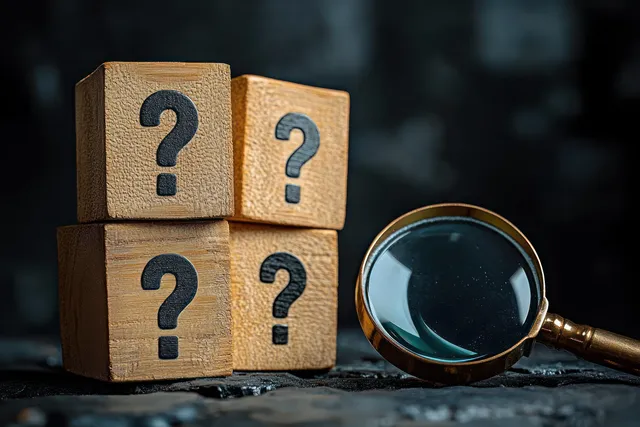 Wooden blocks with question marks beside magnifying glass on dark textured surface