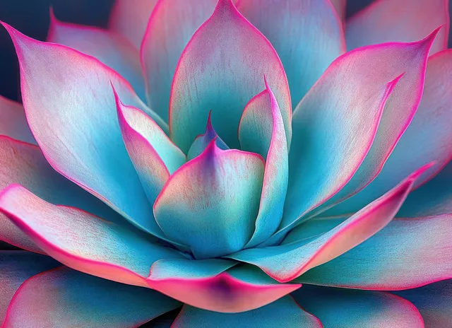 Macro view of a succulent rosette with blue-green leaves edged in bright pink under soft gradient light.