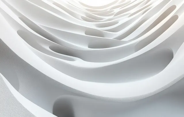 Minimal abstract flowing curves sculpture with soft white light and layered shadows indoors