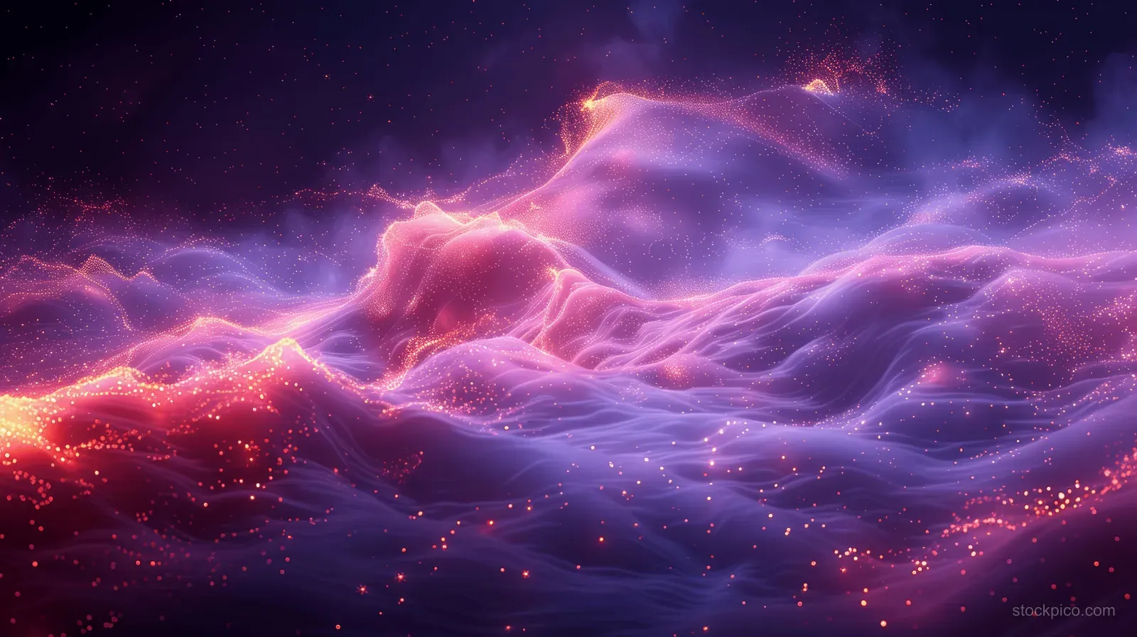 Purple nebula waves glow with tiny star sparks and swirling mist against a dark cosmic background.