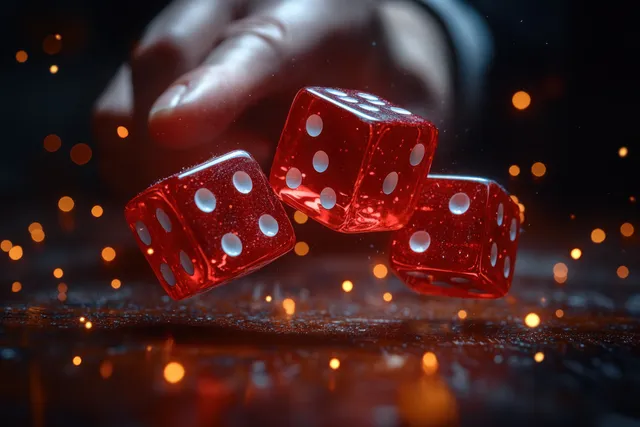 Red dice rolling on dark casino table with glowing sparks and motion blur