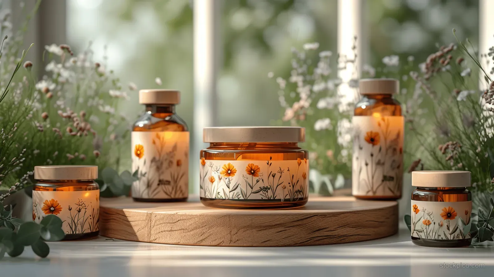 Natural skincare jars and bottles with wildflower labels arranged on a wooden board outdoors with blurred greenery.