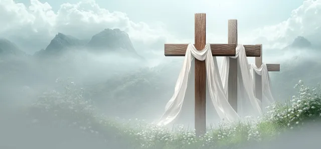 Wooden crosses draped in white cloth above misty mountain landscape