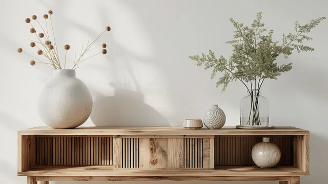 Minimalist wooden sideboard with vertical slats and ceramic vases stands against a white wall.