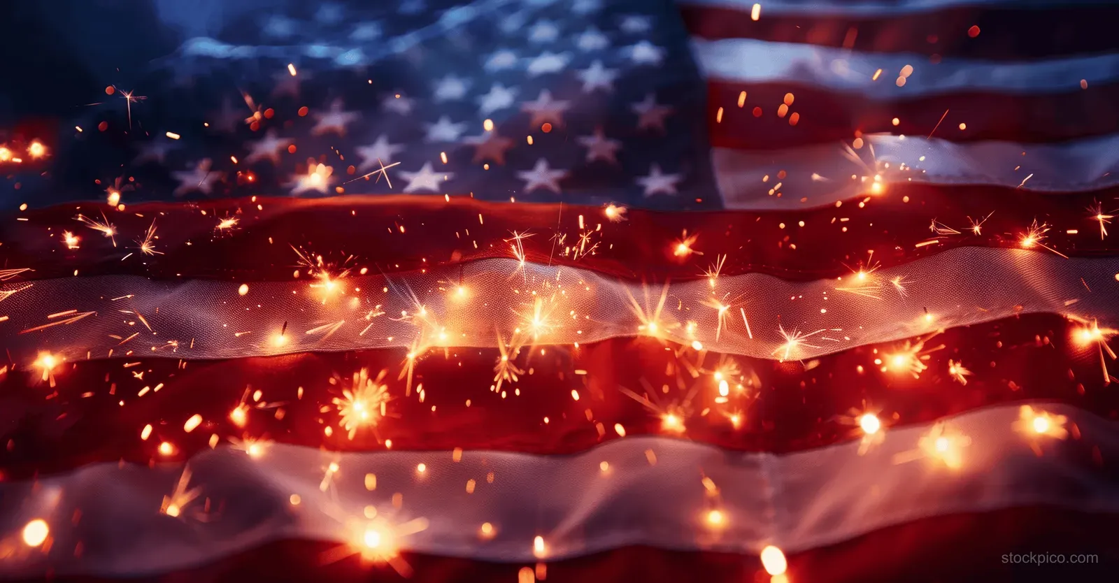 Sparklers flare across a close-up American flag, illuminating the stars and stripes during a July 4 celebration.
