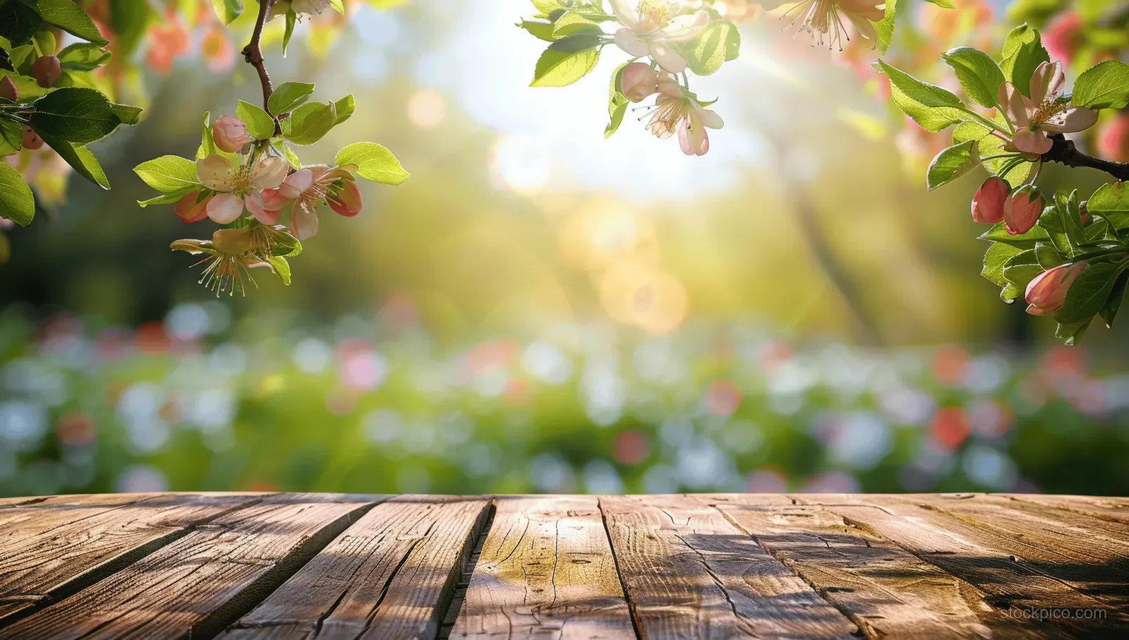 Rustic wooden table in the foreground with apple tree blossoms and a sunlit green garden background.