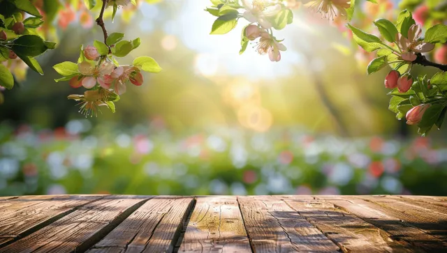 Wooden table with apple blossoms above, spring garden sunlight filling the background