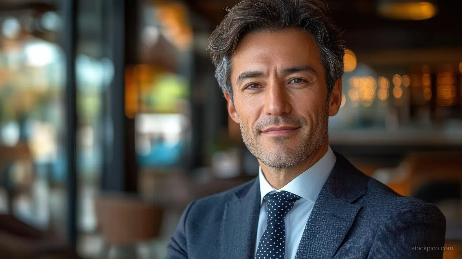 Asian businessman in a navy suit and polka-dot tie stands with arms crossed in a softly lit office.