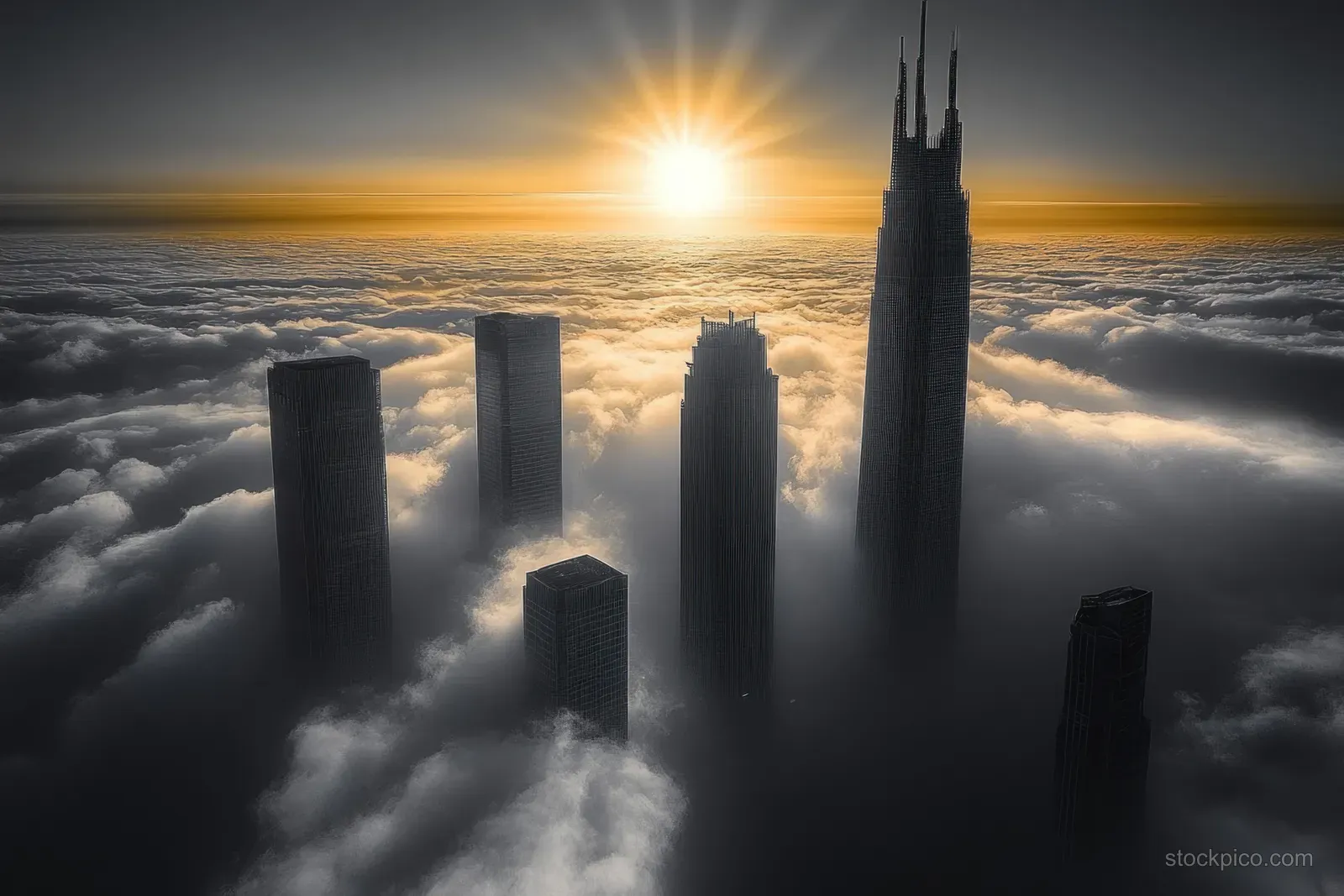 Golden sunrise light pierces thick fog around silhouetted skyscrapers above the cloud layer.