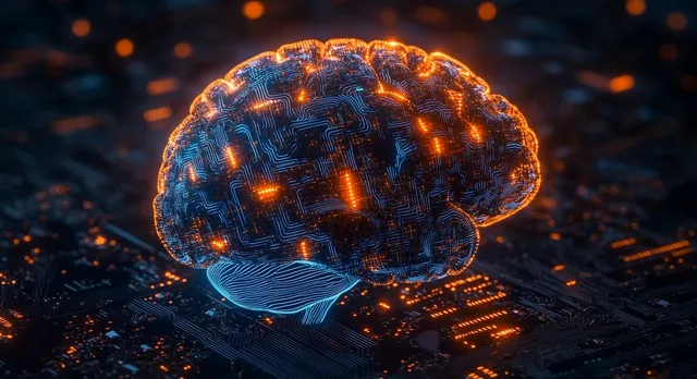 Glowing digital brain with orange circuits on dark motherboard