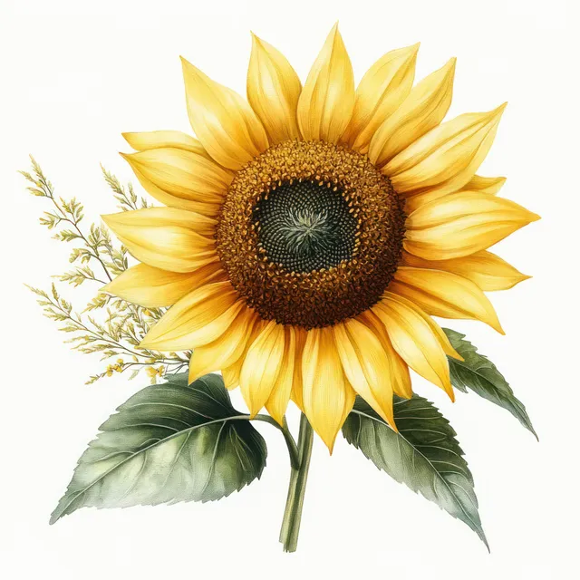 Single sunflower stem with leaves, vintage watercolor wash and soft paper texture