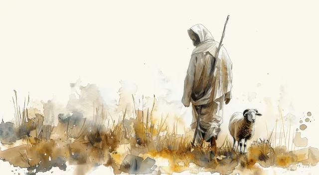 Watercolor illustration of Jesus the shepherd walking with a staff beside a lamb in a meadow.