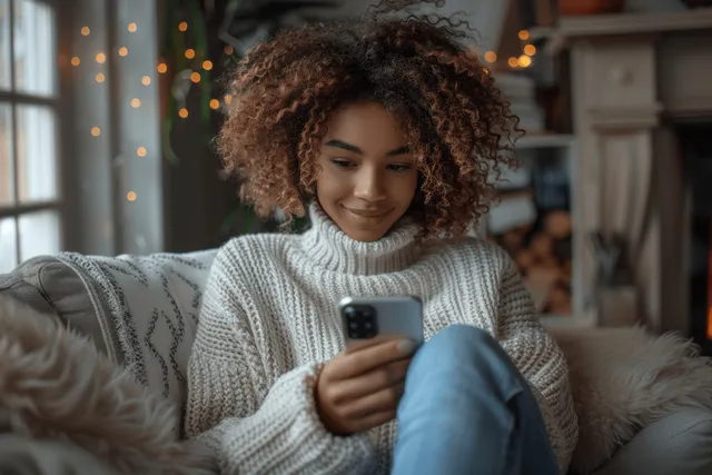 Smiling mixed-race woman sitting on sofa using smartphone for online shopping