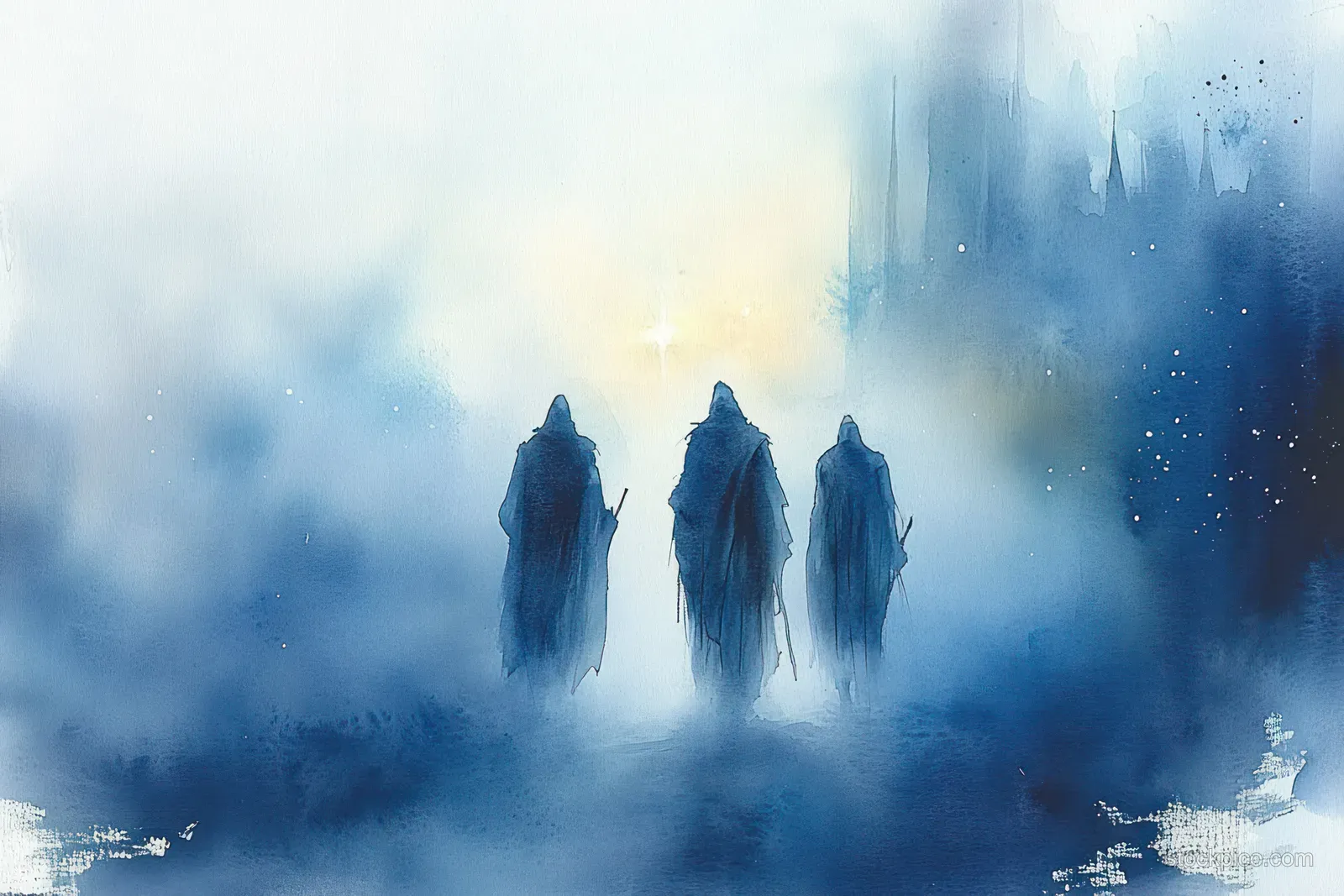 Three silhouetted wise men trek through misty desert under a glowing starry sky.