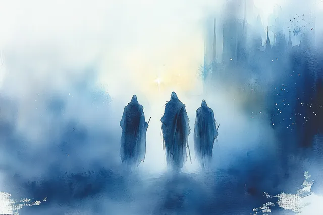 Three silhouetted wise men trek through misty desert under a glowing starry sky.