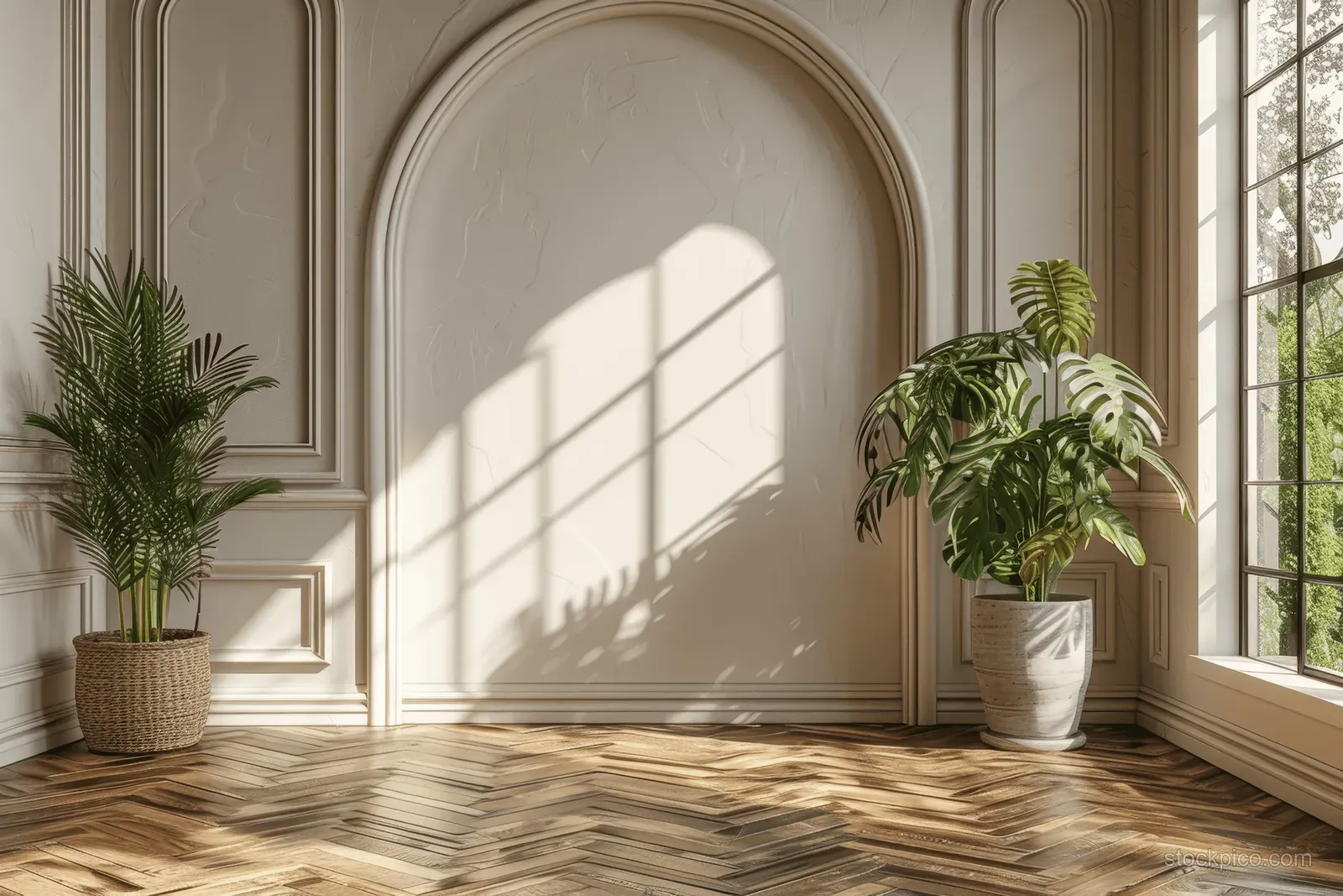 Sunlit classic interior with an arched niche, panelled walls, two potted plants, and a wooden herringbone floor.