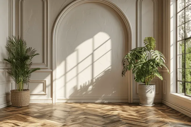 Sunlit arched entryway with potted plants, classic wall paneling, wooden herringbone floor