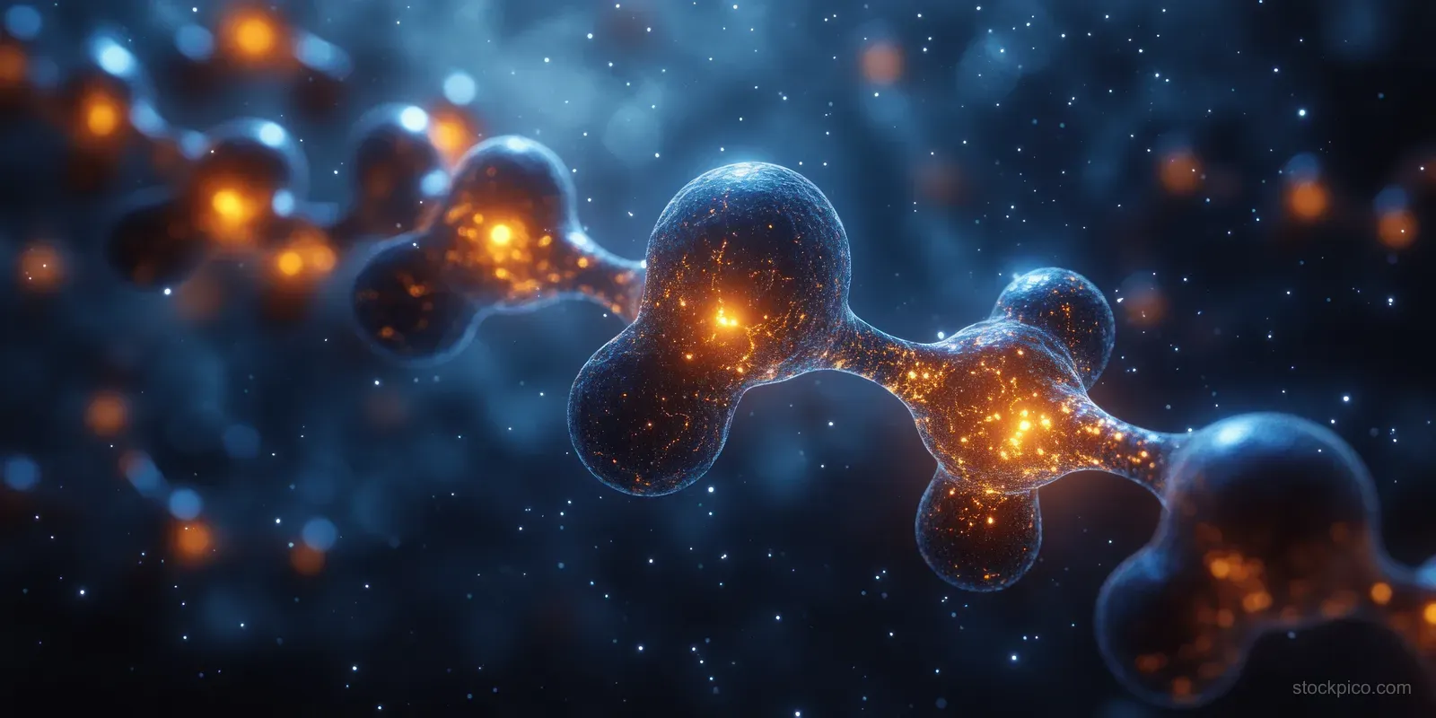 Glowing hexagonal molecular structures connected by bonds float through a dark cosmic field of particles.