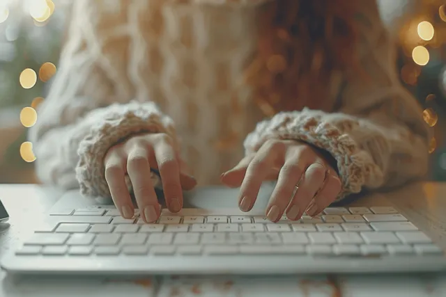 Woman typing on laptop keyboard at white desk with window light and minimalist office