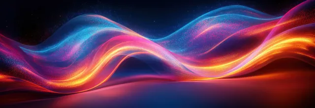 Neon glowing particles form flowing wave lines in blue, purple, orange, and red over a dark background.
