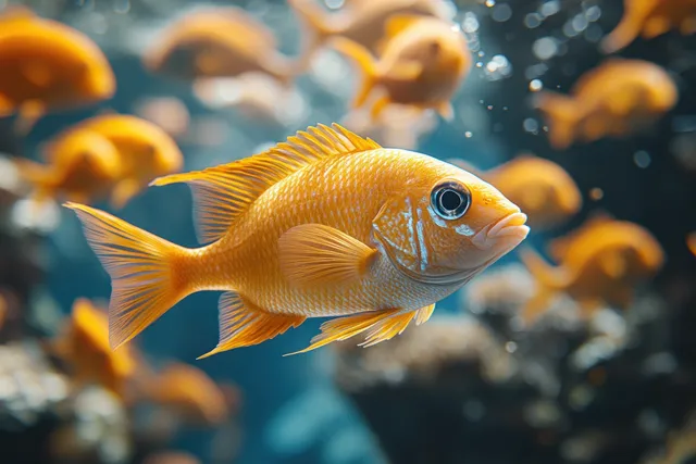 A golden emperor fish swims in a school beneath sunlit tropical ocean water with shimmering reflections.