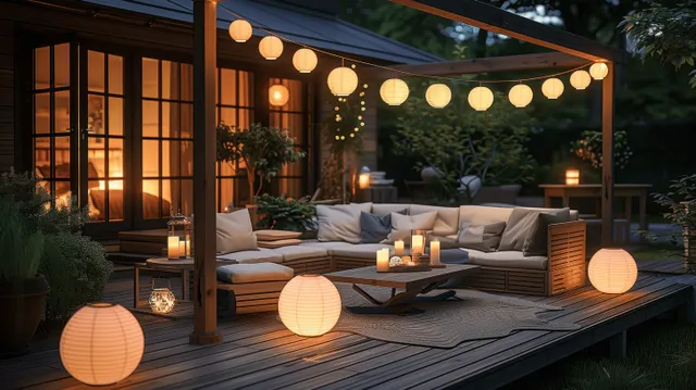 Summer night garden terrace with sofa seating and lantern string lights on wooden deck
