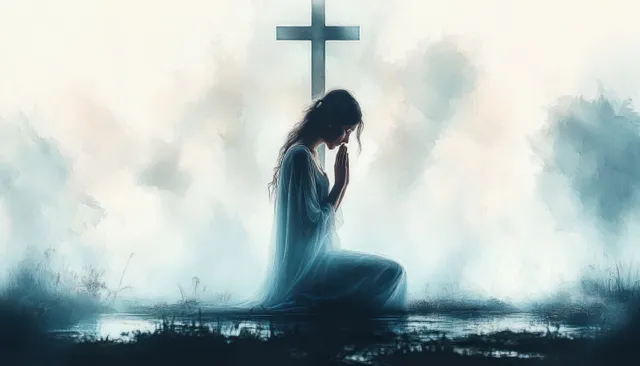 A kneeling woman prays before a glowing cross against a cloudy, misty sky in a digital watercolor scene.