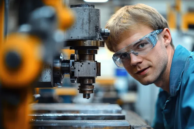 Apprentice in a workshop observing a CNC machine toolhead while a mentor supervises nearby.