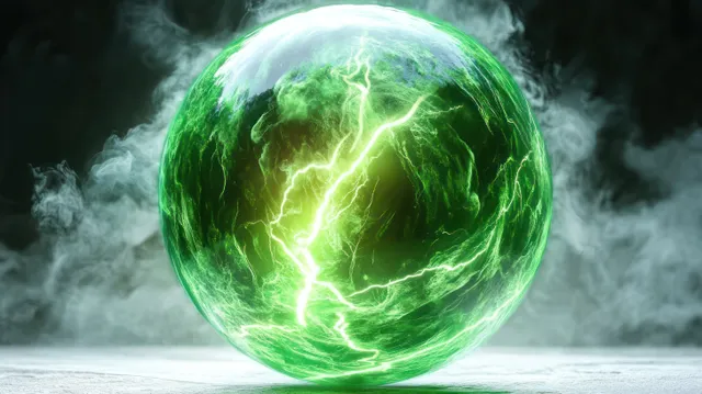 A glowing green energy sphere crackles with lightning as mist swirls around it in a dark space.