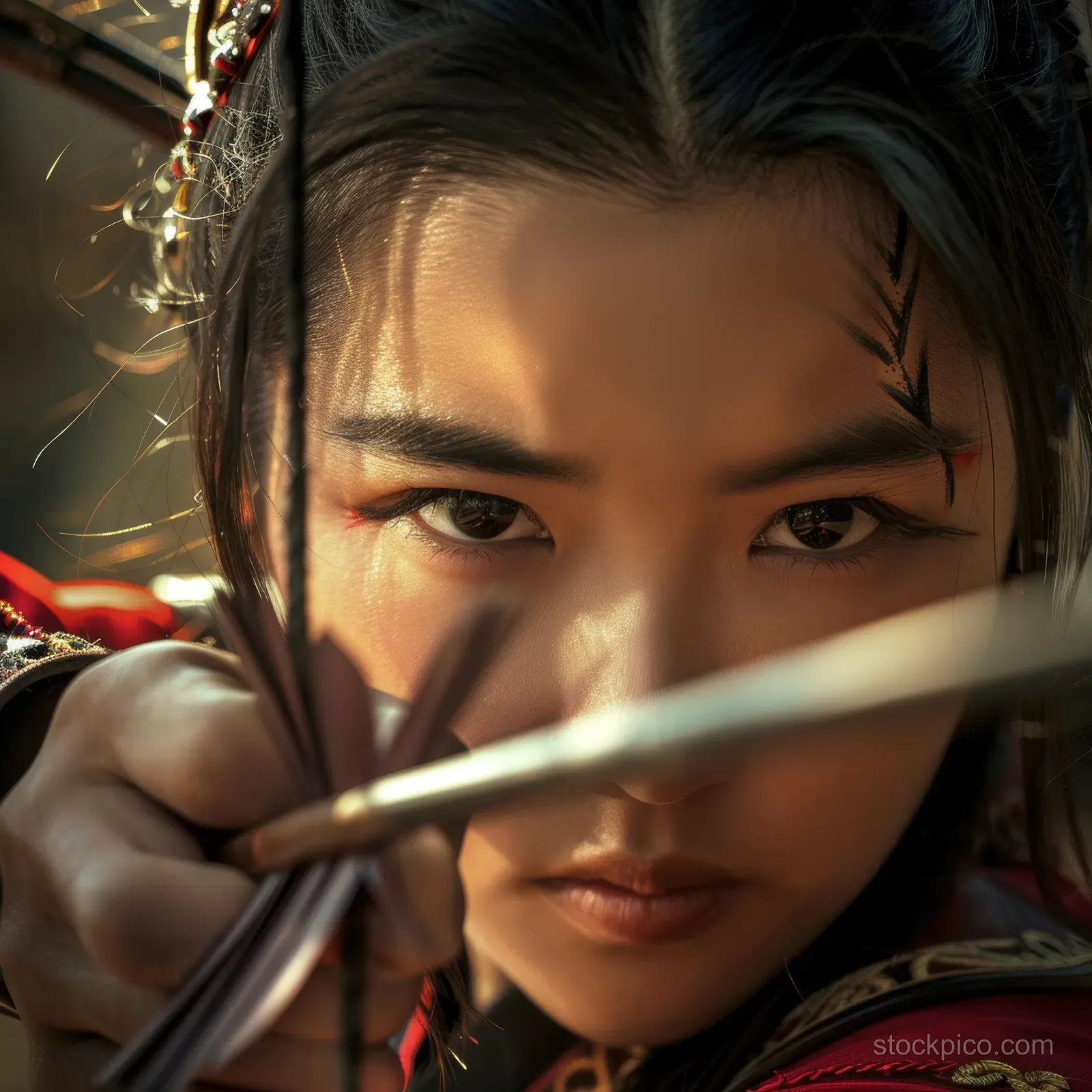 A focused female archer draws a bow with an arrow, her traditional hood framing her eyes in a dim setting.