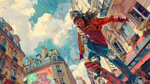 A woman street skater jumps high above graffiti walls in a lively French city square.