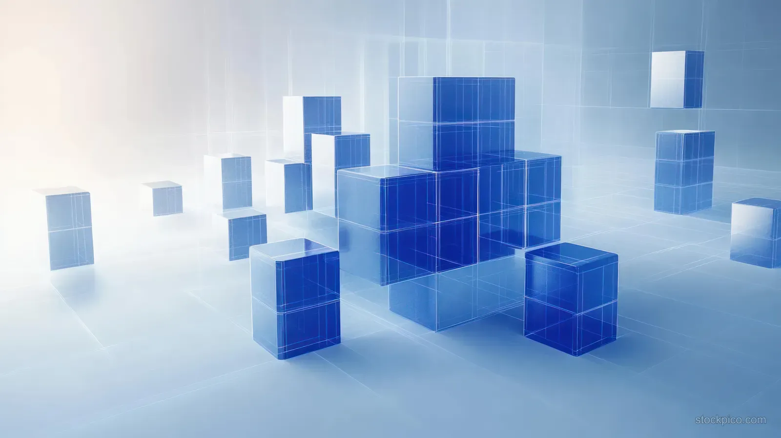 Transparent blue and white cubes interlock in an abstract 3D network on a light background.